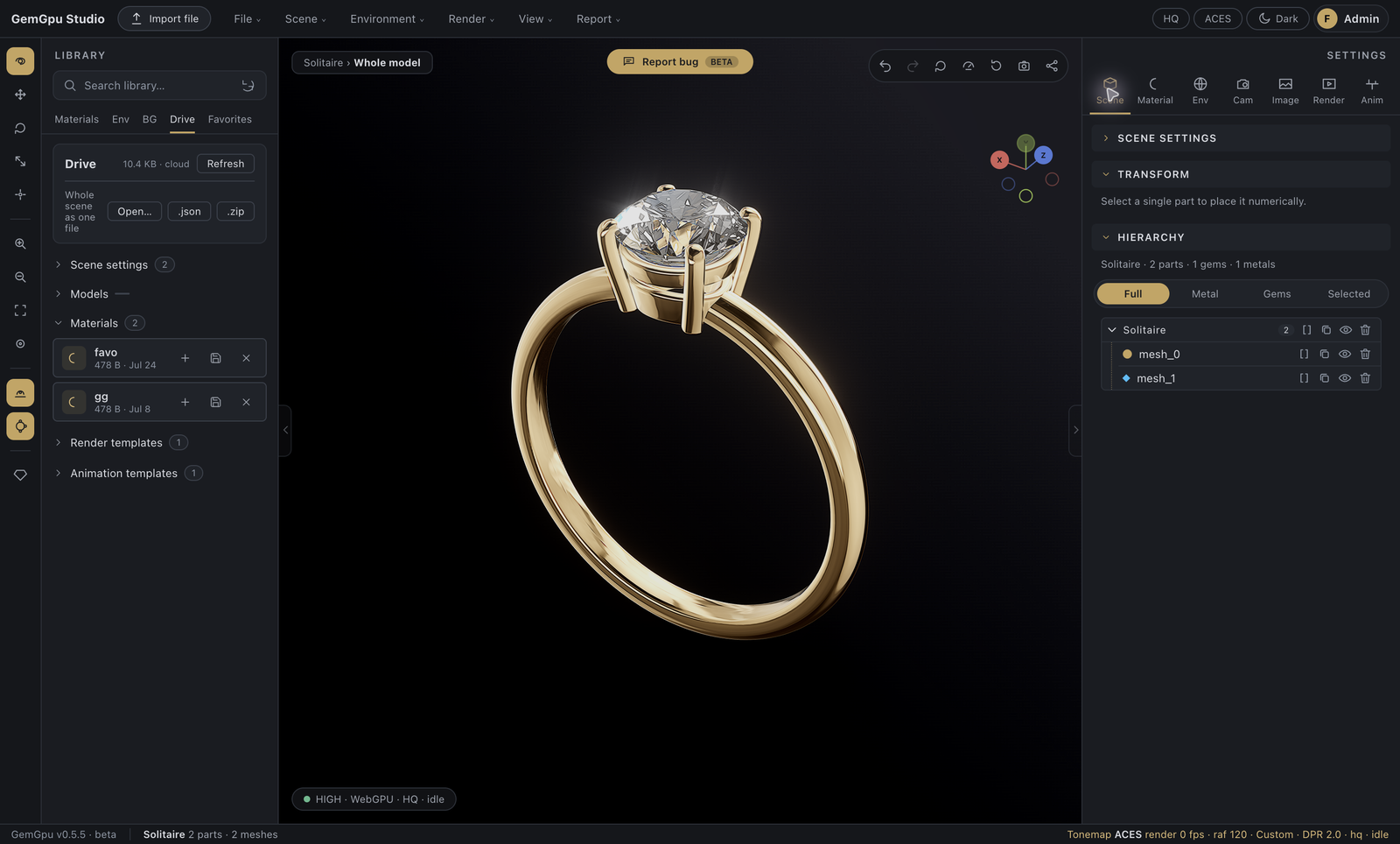 The Drive tab: storage usage, whole-scene import/export, and a section for each document kind.