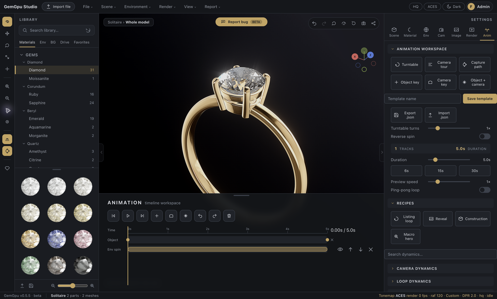 GemGpu Studio: library, viewport, inspector, and the animation timeline.