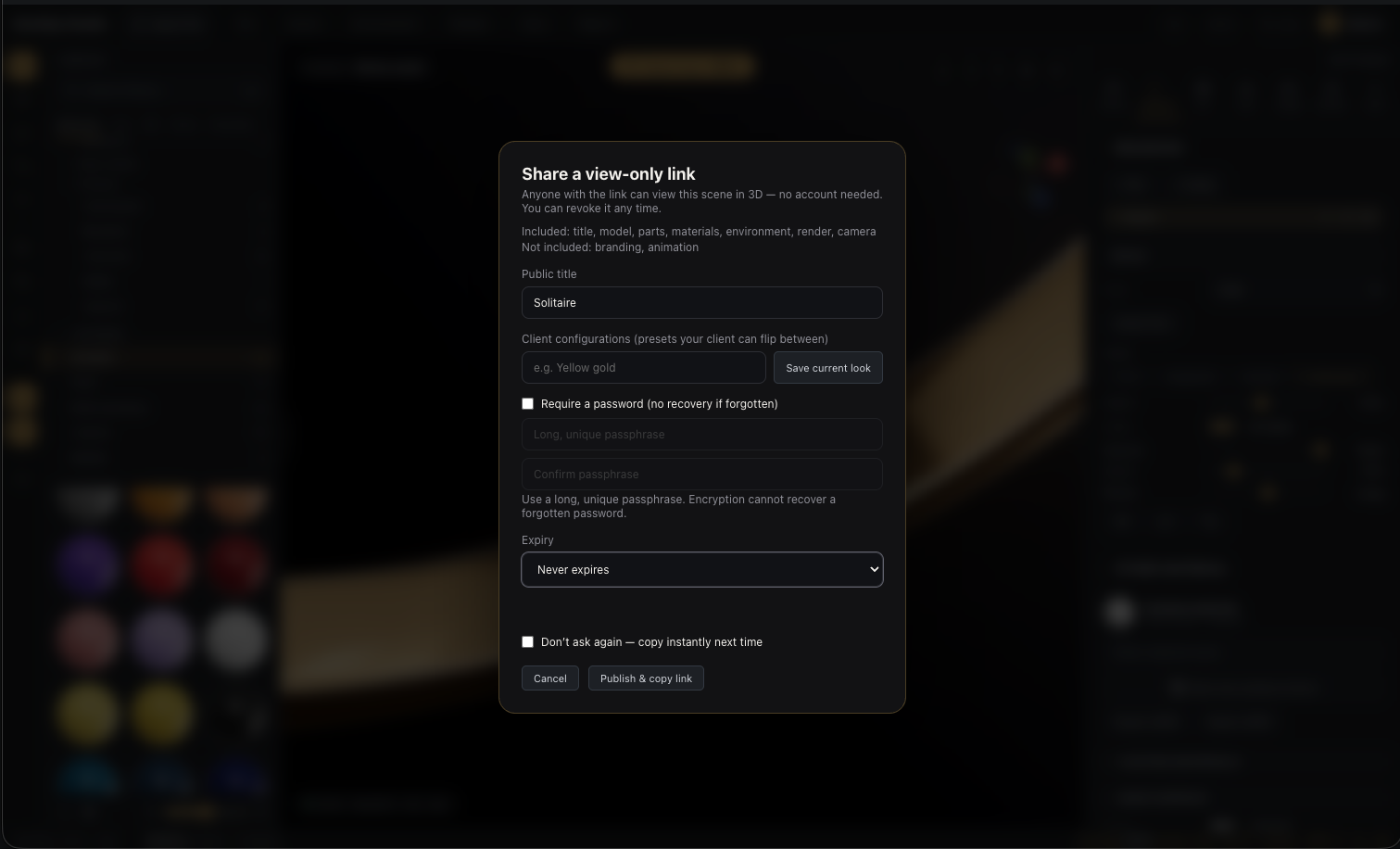 The share dialog: name the link, save client configurations, set a password and an expiry, publish.