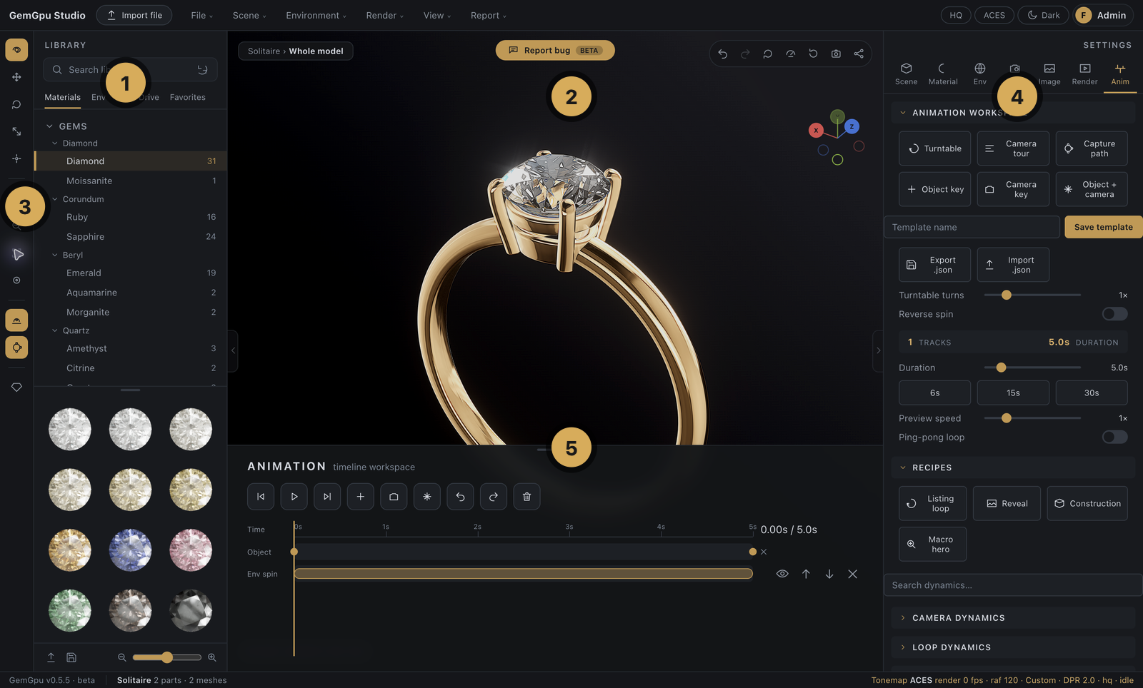 1 — Library · 2 — Viewport · 3 — Tool rail · 4 — Inspector · 5 — Timeline dock.